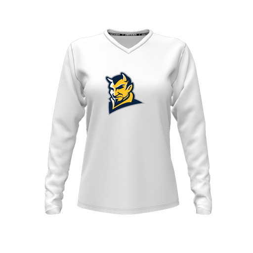 [CUS-DFW-TEES-CMF-VNK-LSL-WHT-FYXS-LOGO1] Decker Comfort T-Shirt (Female Youth XS, White, V Neck, Logo 1, Long Sleeve)