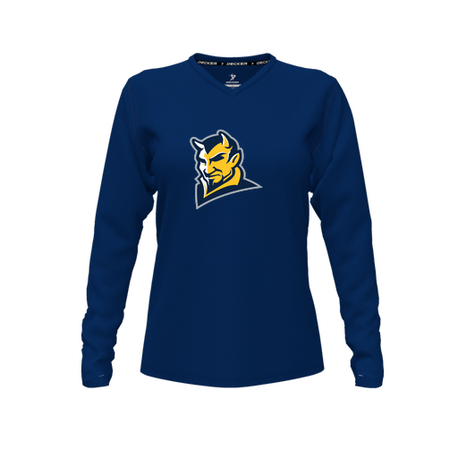 [CUS-DFW-TEES-CMF-VNK-LSL-NVY-FYXS-LOGO1] Decker Comfort T-Shirt (Female Youth XS, Navy, V Neck, Logo 1, Long Sleeve)