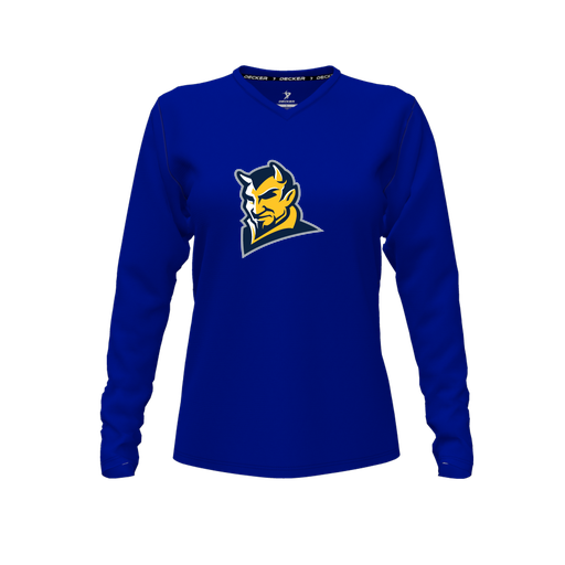 [CUS-DFW-TEES-CMF-VNK-LSL-RYL-FYXS-LOGO1] Decker Comfort T-Shirt (Female Youth XS, Royal, V Neck, Logo 1, Long Sleeve)