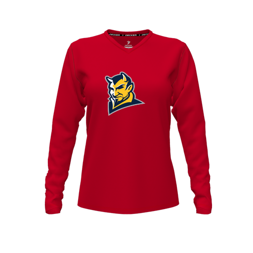 [CUS-DFW-TEES-CMF-VNK-LSL-RED-FYXS-LOGO1] Decker Comfort T-Shirt (Female Youth XS, Red, V Neck, Logo 1, Long Sleeve)