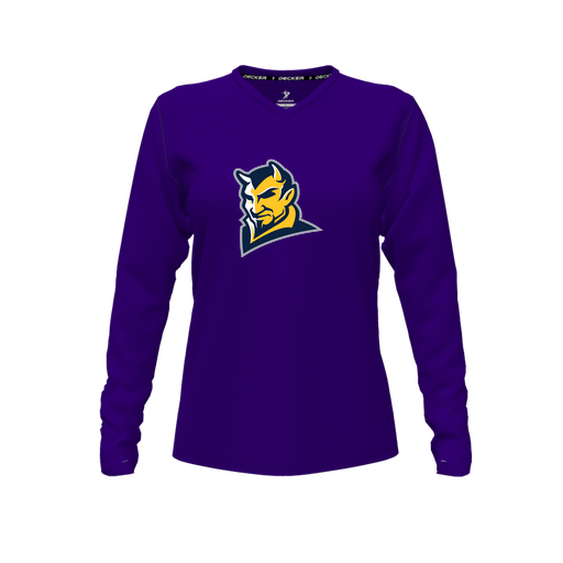 [CUS-DFW-TEES-PER-VNK-LSL-PUR-FYXS-LOGO1] Decker Performance T-Shirt (Female Youth XS, Purple, V Neck, Logo 1, Long Sleeve)